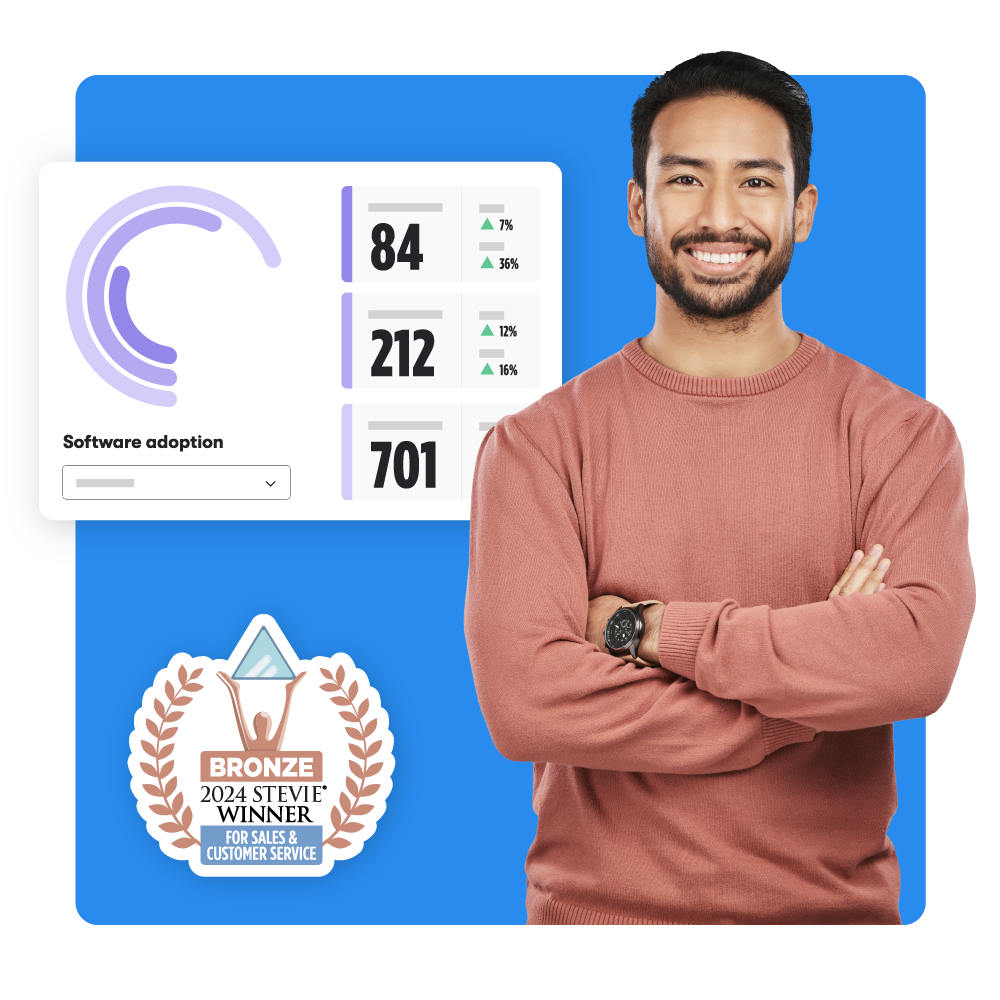 A smiling Customer Training professional standing near a radial bar chart labeled "Software Adoption" with a dropdown menu and three number reports showing recent percentile increases. A 2024 Stevie Winner badge is visible in the background.