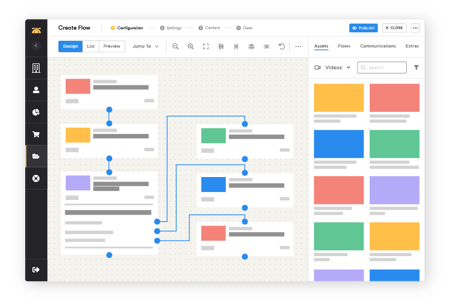 Web application displaying the BrainStorm platform's course customization workflows page, with a video asset search menu on the left.
