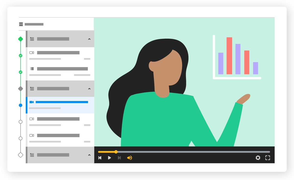 Video on Quickbase training topics with course progress displayed on the left. The thumbnail features an IT professional standing near a bar graph.